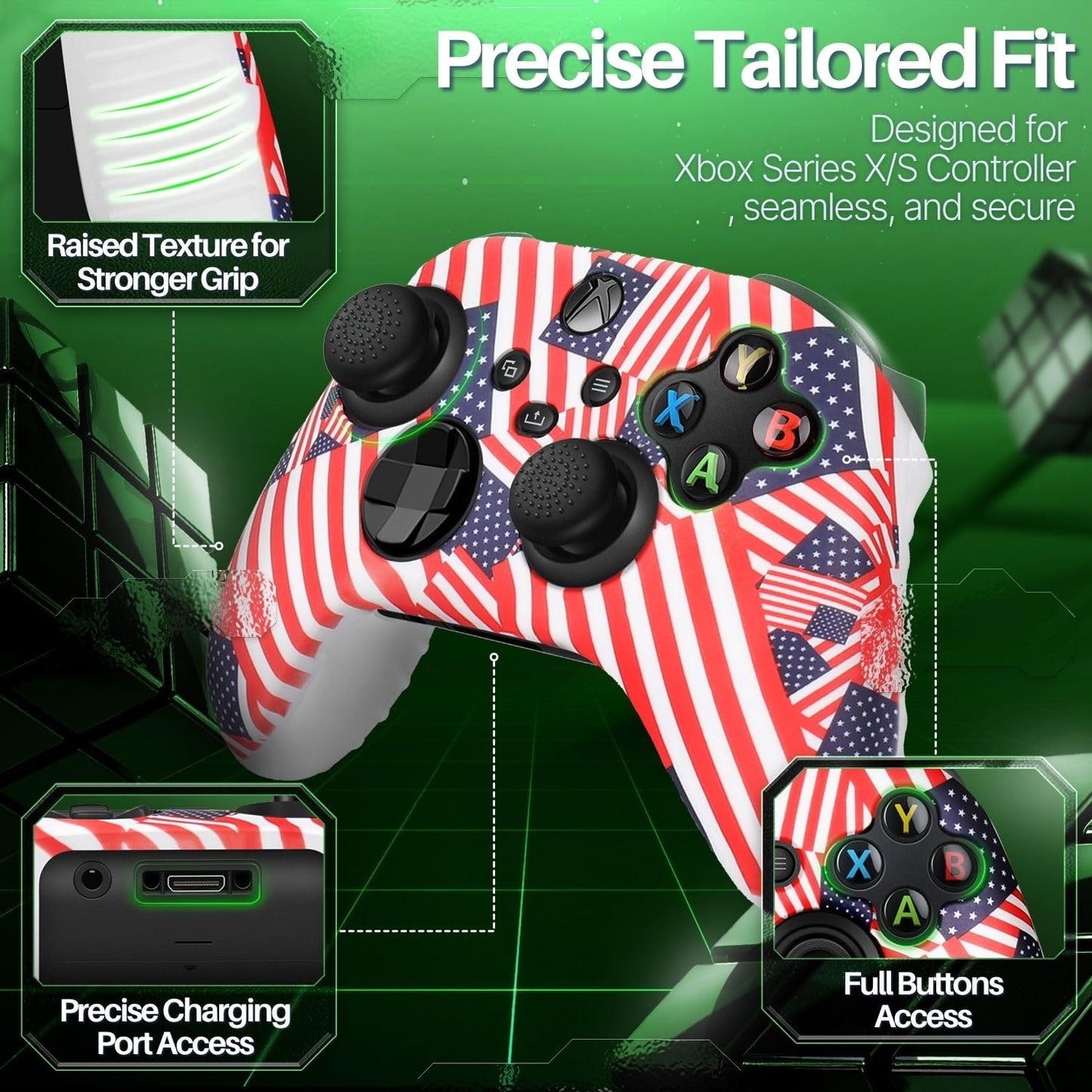 TNP Silicone Case Cover for Xbox Series X/S Controller Skin Shell + 8 Pro Thumb Grips Set (Flag) Ergonomic Textured Grip Dust Protector Compatible with New Xbox Series S X Controller Accessories