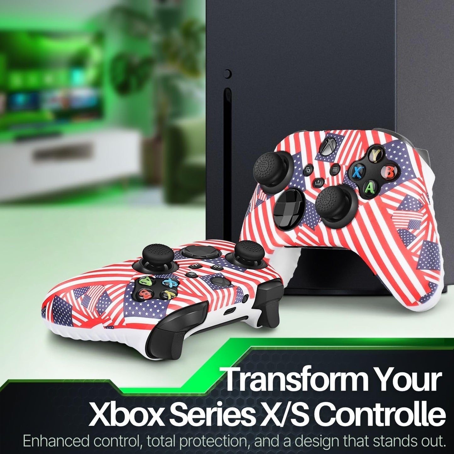 TNP Silicone Case Cover for Xbox Series X/S Controller Skin Shell + 8 Pro Thumb Grips Set (Flag) Ergonomic Textured Grip Dust Protector Compatible with New Xbox Series S X Controller Accessories