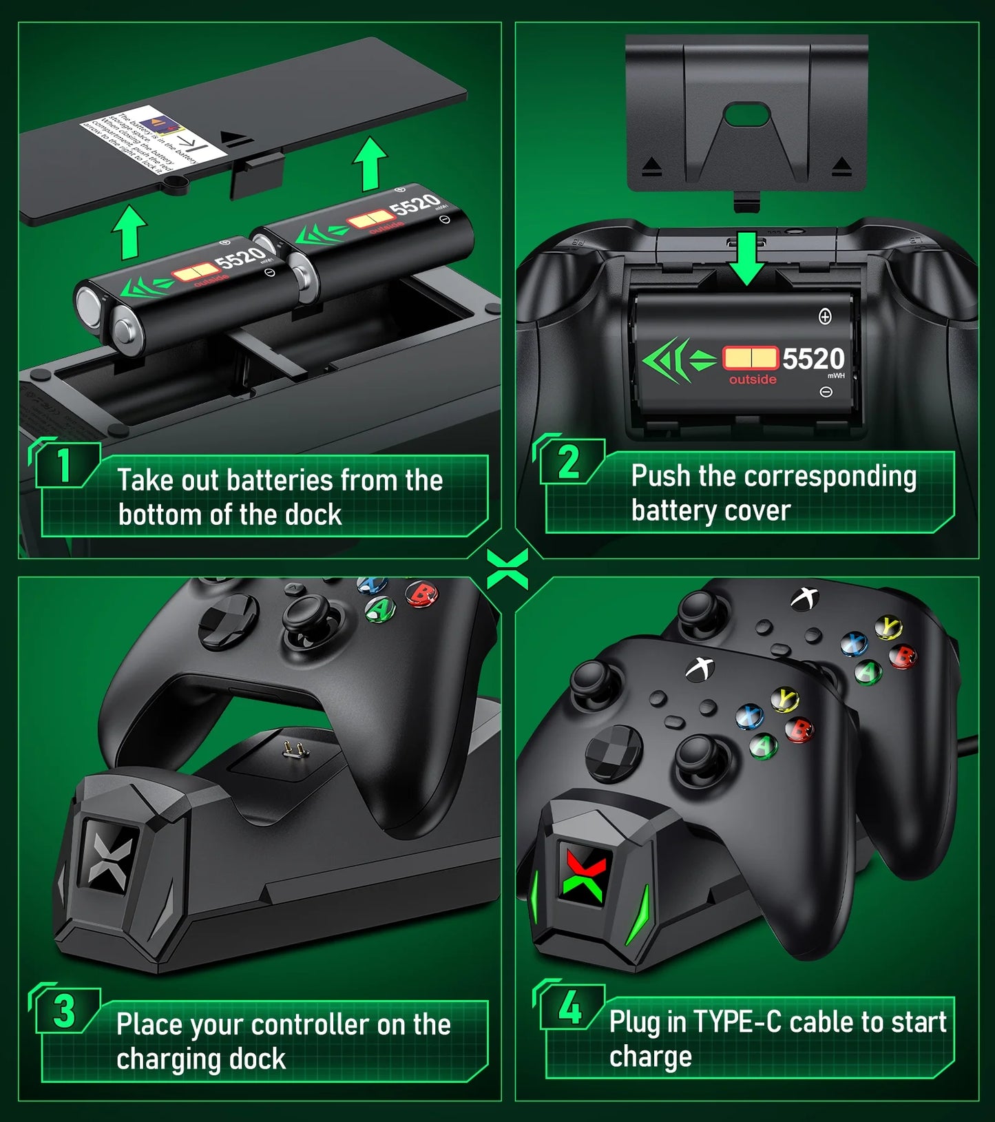 Xbox Charger Station with 4 X 5520Mwh Rechargeable Battery Pack for Xbox Series X Controller,Black