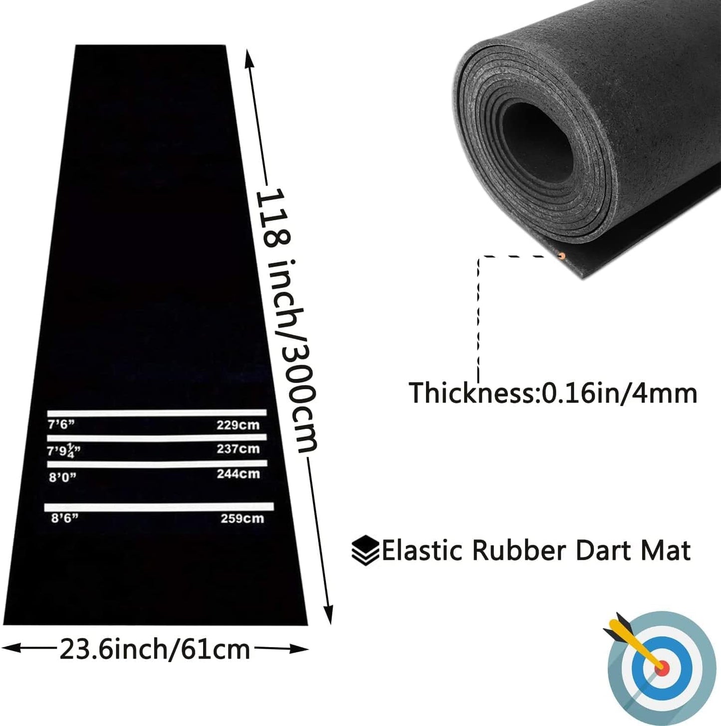 Rubber Dart Mat 9.8 X 2Ft Heavy Duty Dart Carpet with Throw Lines Professional Non-Slip Floor Mat Soundproof Flooring Protector for Game (118 X 24 X 1/5Inch)