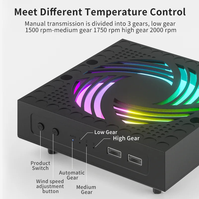 RGB Colorful Cooling Fan for Xbox Series X Host Console Adjustable Wind Speed Heat Dissipation Fan with USB Charging Port