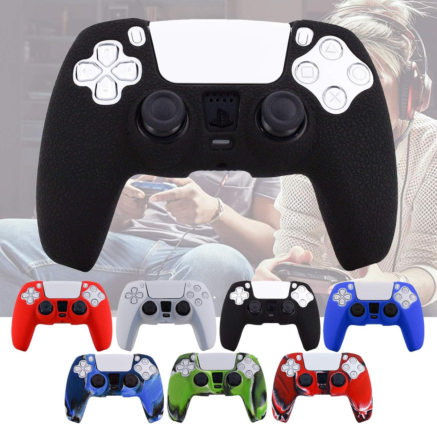 Silicone Skin Compatible with PS5 Controller Cover Sony Playstation5 Controller Grip Skin Protector Faceplates Kits Video Games(1X Black Cover with 4 X Thumb Grips Caps)