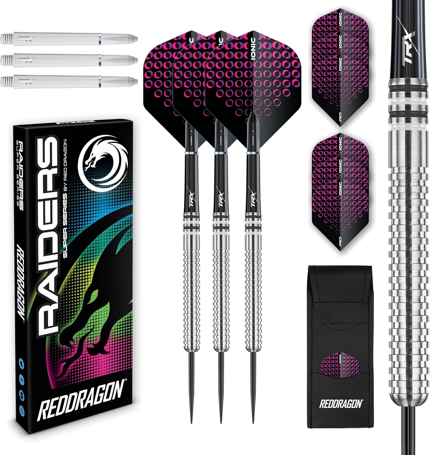 Raider Series: 23 Gram Steel Tip Tungsten Darts Set - Professional Darts with Shafts (Stems), Flights and Checkout Card - Choice of Colour Available