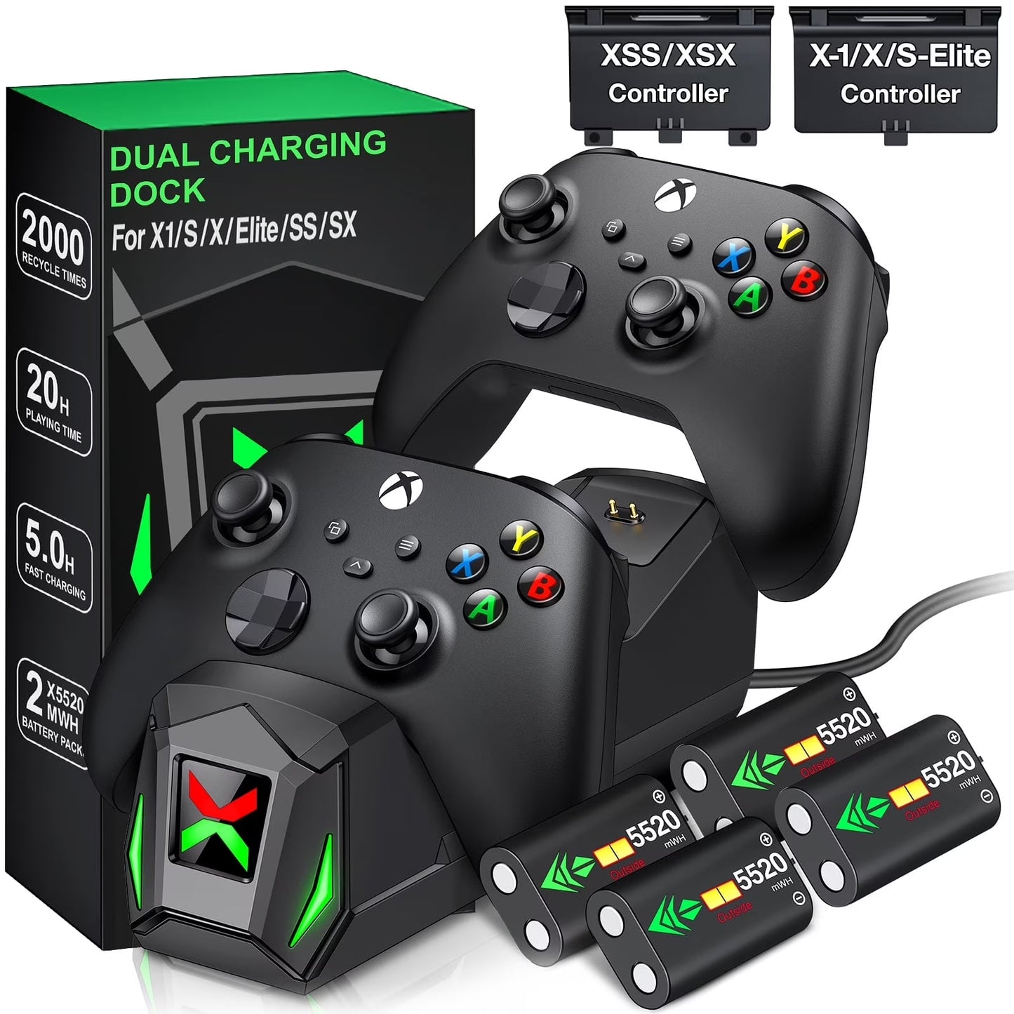 Xbox Charger Station with 4 X 5520Mwh Rechargeable Battery Pack for Xbox Series X Controller,Black