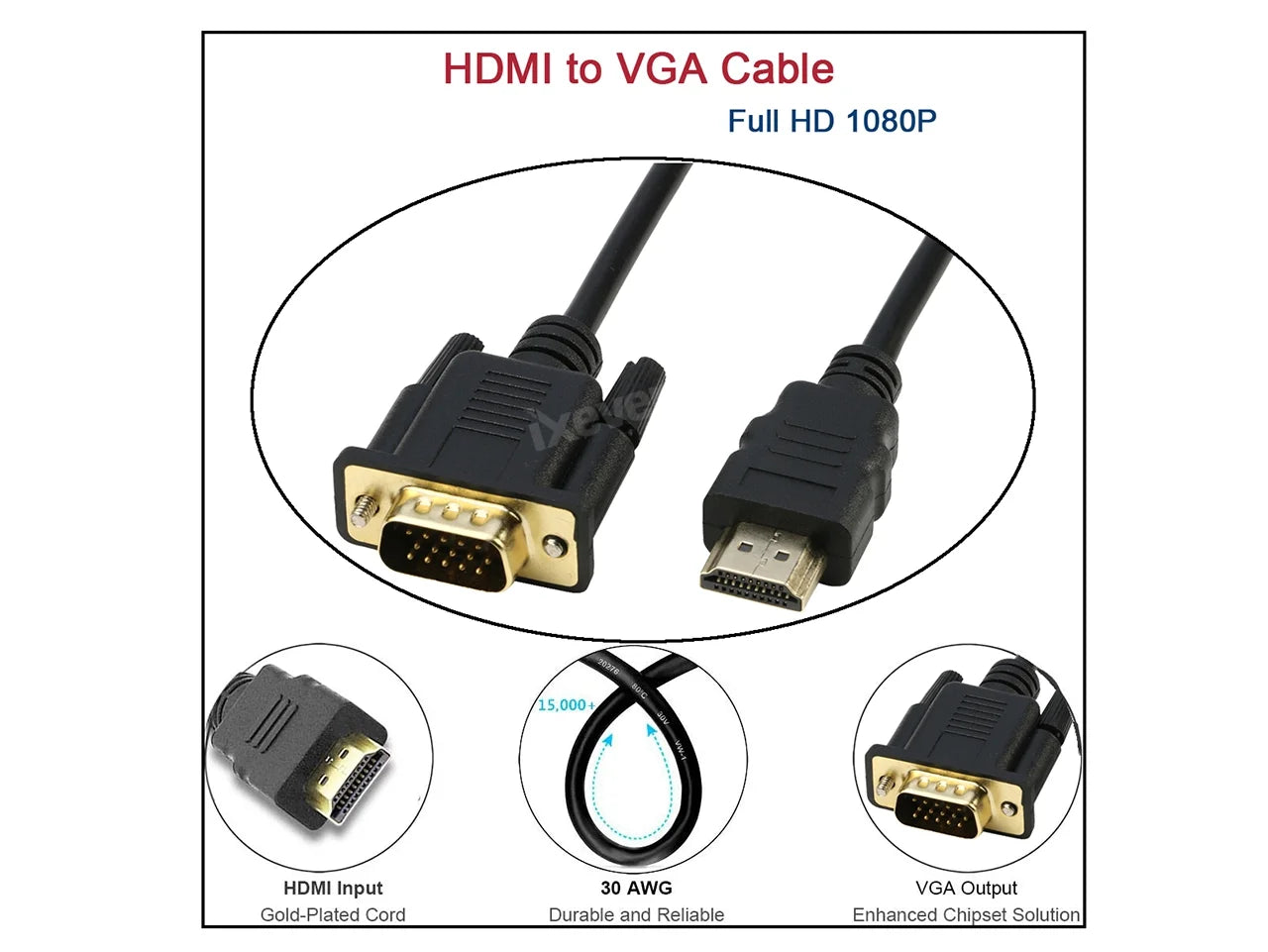 HDMI to VGA Adapter Cable 6FT, Gold-Plated HDMI to VGA Cable Male to Male 1080P Compatible for Computer, Desktop, Laptop, PC, Monitor, Projector, HDTV and More