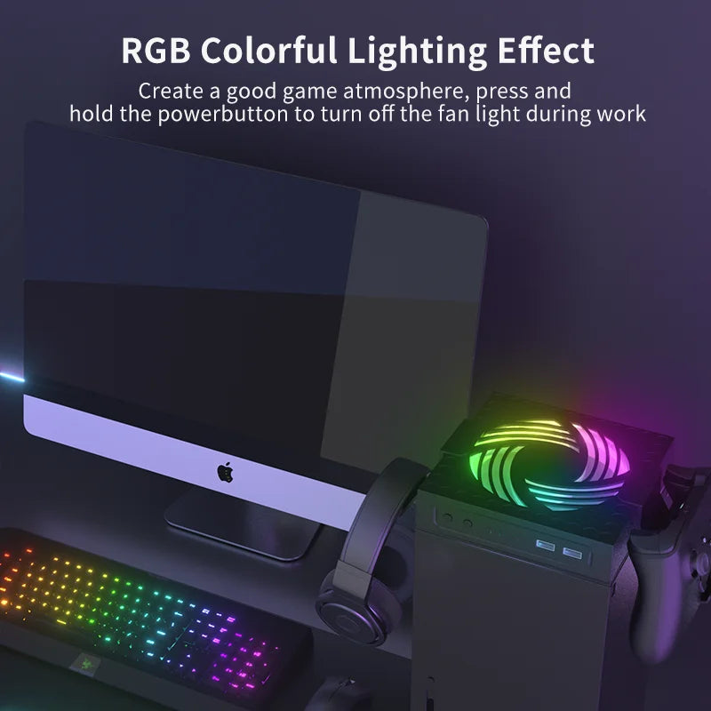 RGB Colorful Cooling Fan for Xbox Series X Host Console Adjustable Wind Speed Heat Dissipation Fan with USB Charging Port