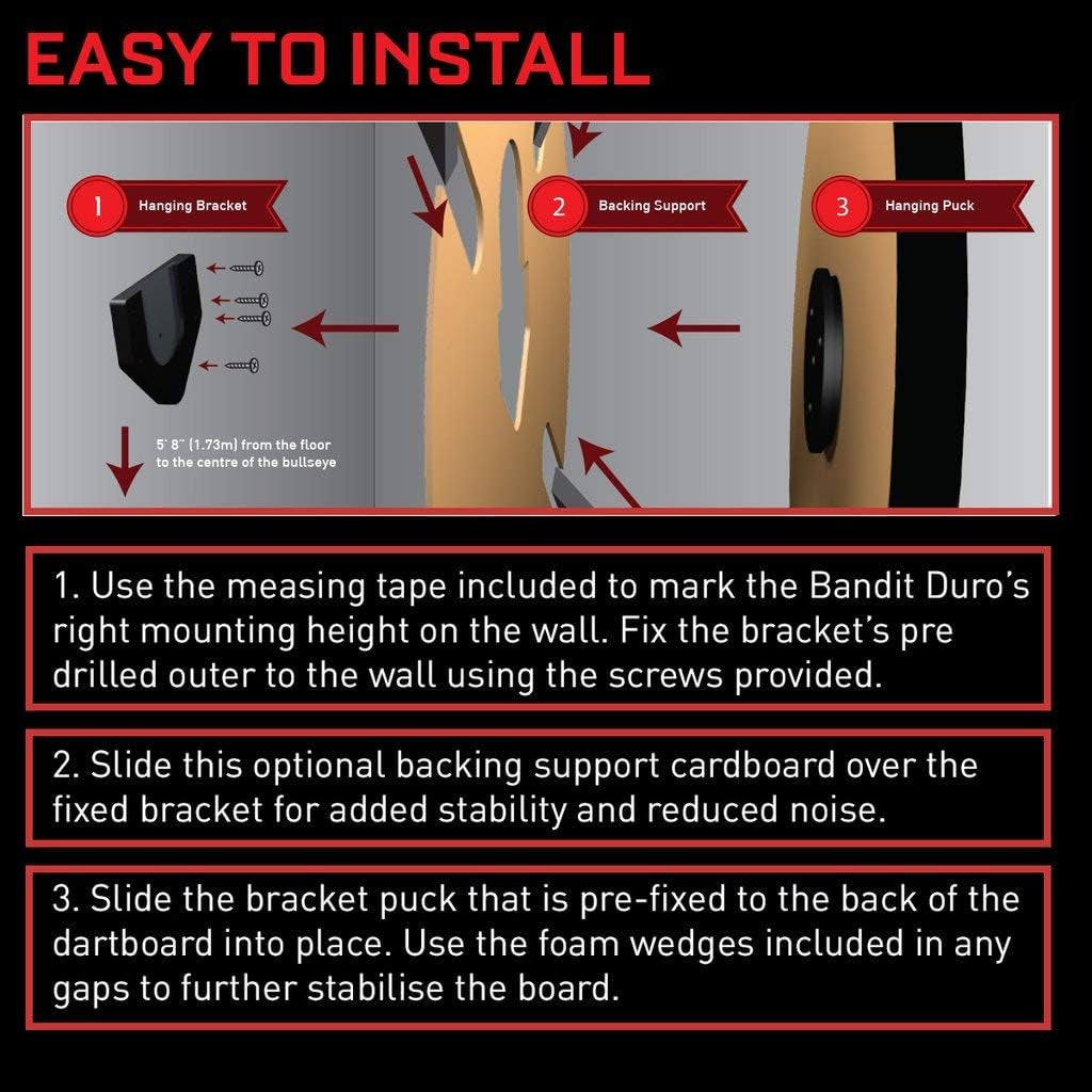- Pro Dartboard Wall Hanging U Bracket System | Easy Mounting & Rotation | Enhanced Stability | Compatible with Timber Backed Bristle Dartboards | Black, Sisal