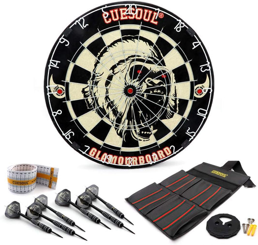 GLAMOURBOARD Tri-Eyes Official Size Sisal Bristle Dartboard Set with Extra Steel Tip Darts 6 Pack with or without Dartboard Surround Wall Protector for Your Choice