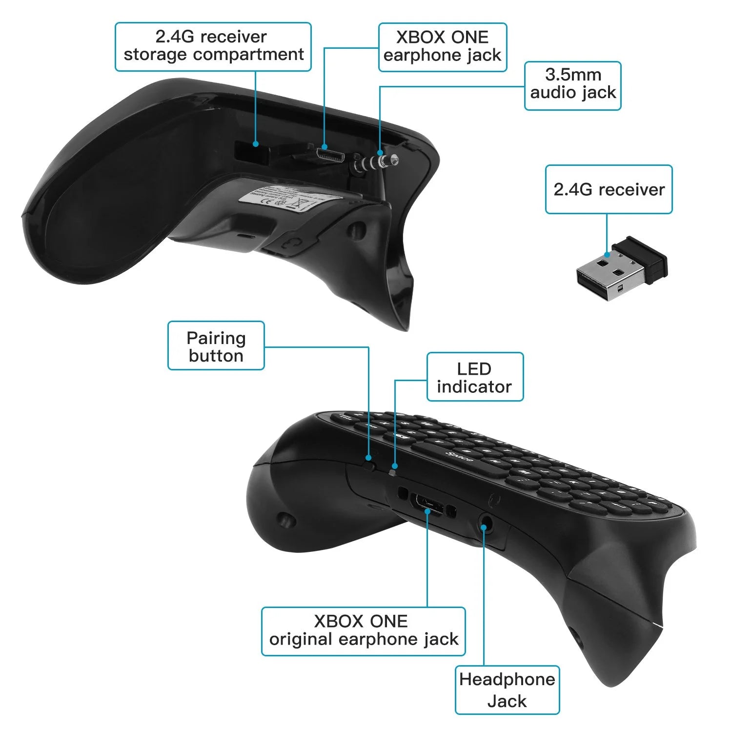 Wireless Keyboard for Xbox One Controller,Xbox Series X/S,Green Backlight Gaming Chatpad Keypad with USB Receiver 3.5Mm Audio Jack,Xbox Accessories for Xbox One/One S/Elite/2 Controller, Black