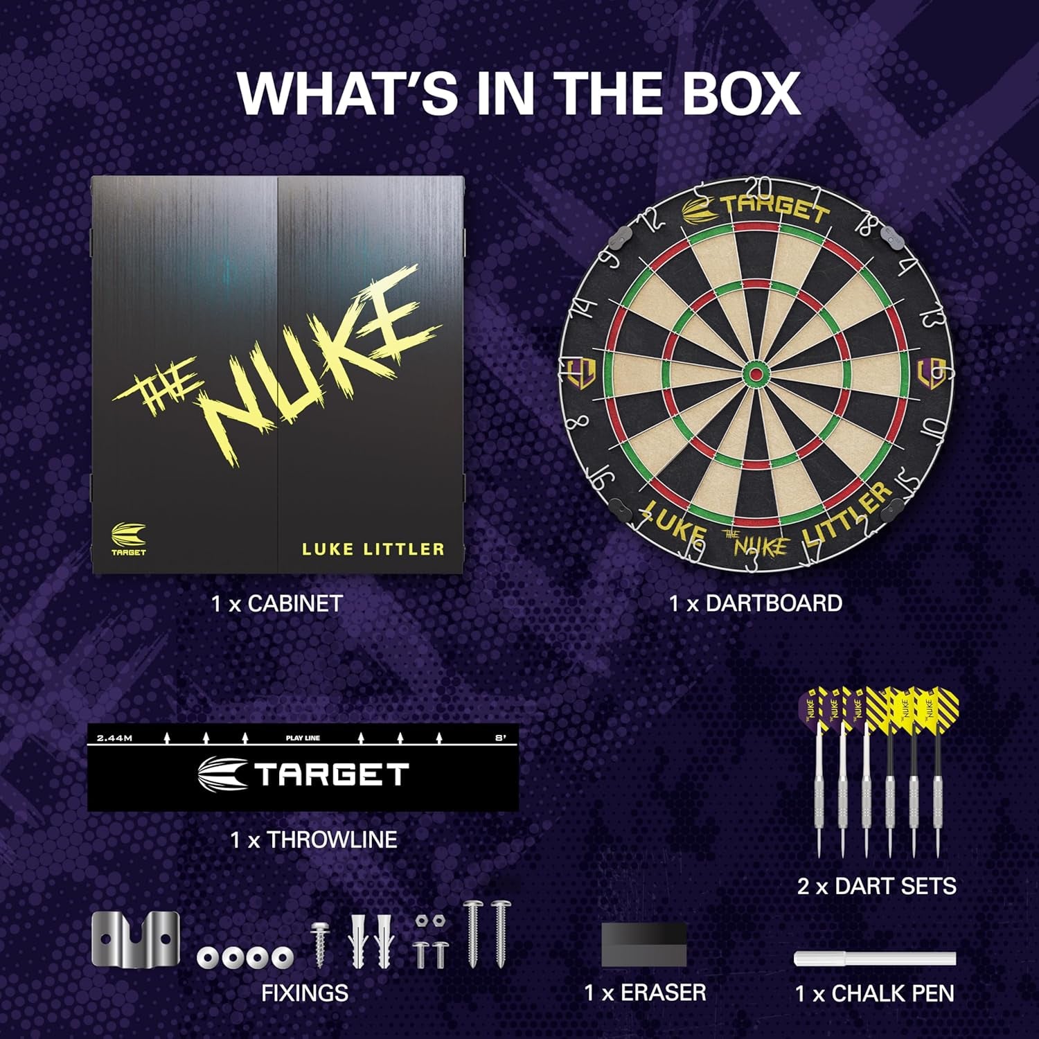 Player Dartboard and Cabinet Set | Luke Littler/Dimitri Van Den Bergh/Gabriel Clemens | Dart Board Cupboard with 2 Sets of Steel Tip Darts, Score Charts, Competition Standard Throw Line