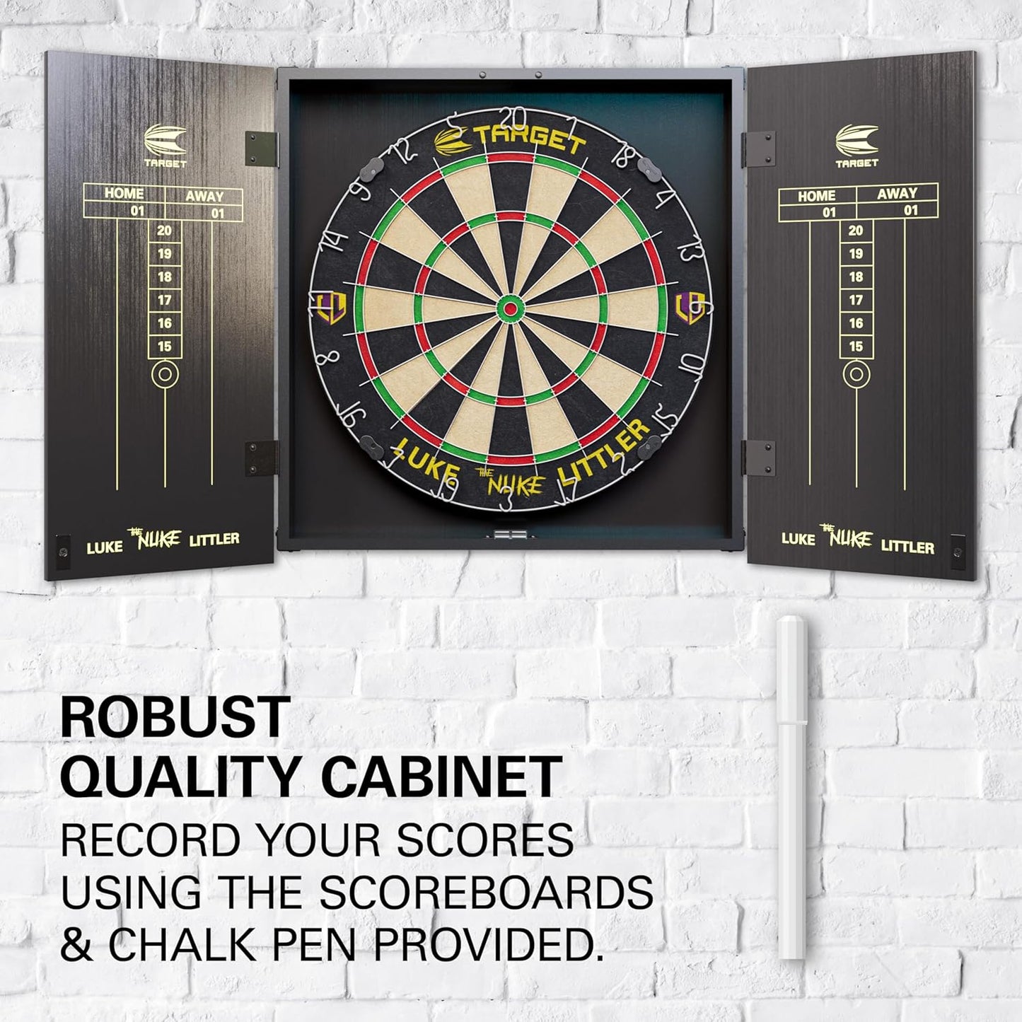 Player Dartboard and Cabinet Set | Luke Littler/Dimitri Van Den Bergh/Gabriel Clemens | Dart Board Cupboard with 2 Sets of Steel Tip Darts, Score Charts, Competition Standard Throw Line