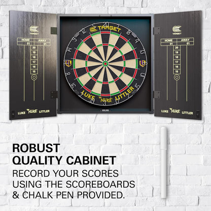 Player Dartboard and Cabinet Set | Luke Littler/Dimitri Van Den Bergh/Gabriel Clemens | Dart Board Cupboard with 2 Sets of Steel Tip Darts, Score Charts, Competition Standard Throw Line