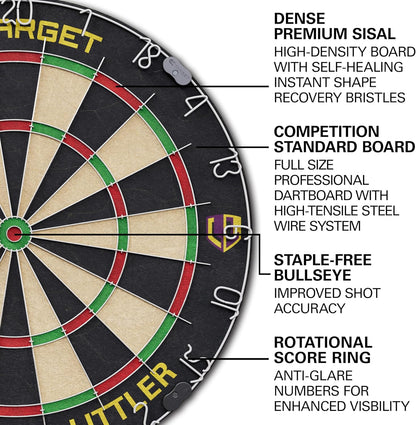 Player Dartboard and Cabinet Set | Luke Littler/Dimitri Van Den Bergh/Gabriel Clemens | Dart Board Cupboard with 2 Sets of Steel Tip Darts, Score Charts, Competition Standard Throw Line