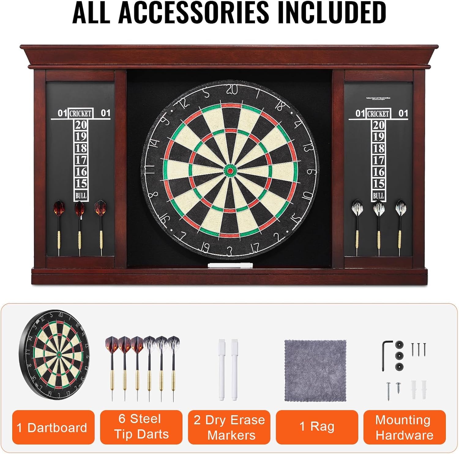 Dartboard and Cabinet Set, Instant Play Official-Size Dartboard Cabinet, Steel Tip Dart Cabinet, Simple Assembly, Comes with All Accessories, Idea for Cricket Games