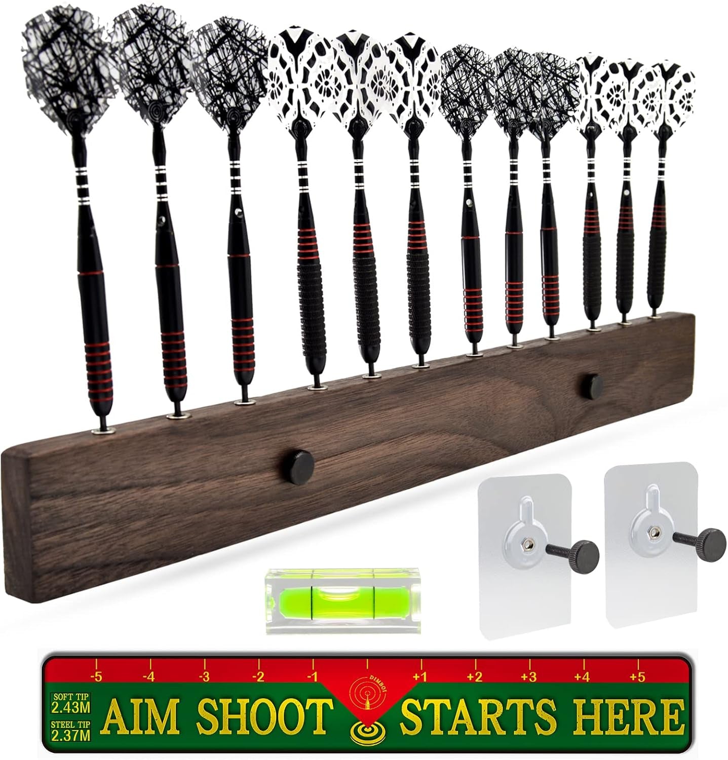 Walnut Wood Dart Holder Wall Mount Displays 4 Sets for a Total of 12 Steel/Soft Tip Darts,With Darts Throw Line Marker