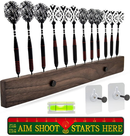 Walnut Wood Dart Holder Wall Mount Displays 4 Sets for a Total of 12 Steel/Soft Tip Darts,With Darts Throw Line Marker