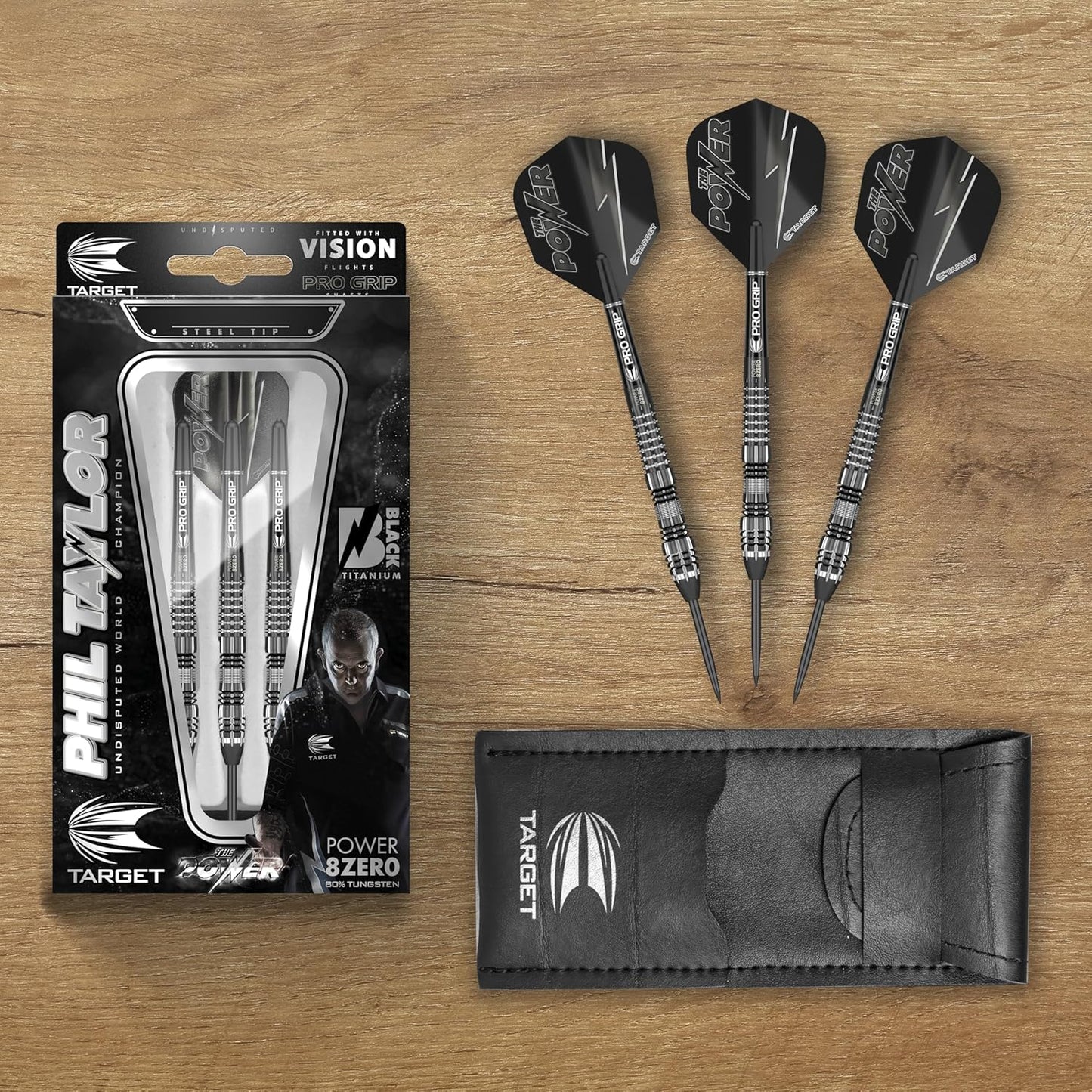 Phil Taylor Power 8-Zero 4 Black Steel Tip Darts, 80% Tungsten Dart Set, P8Z4, 21G | Player Edition Darts with Fixed Points | Black Darts Case Included