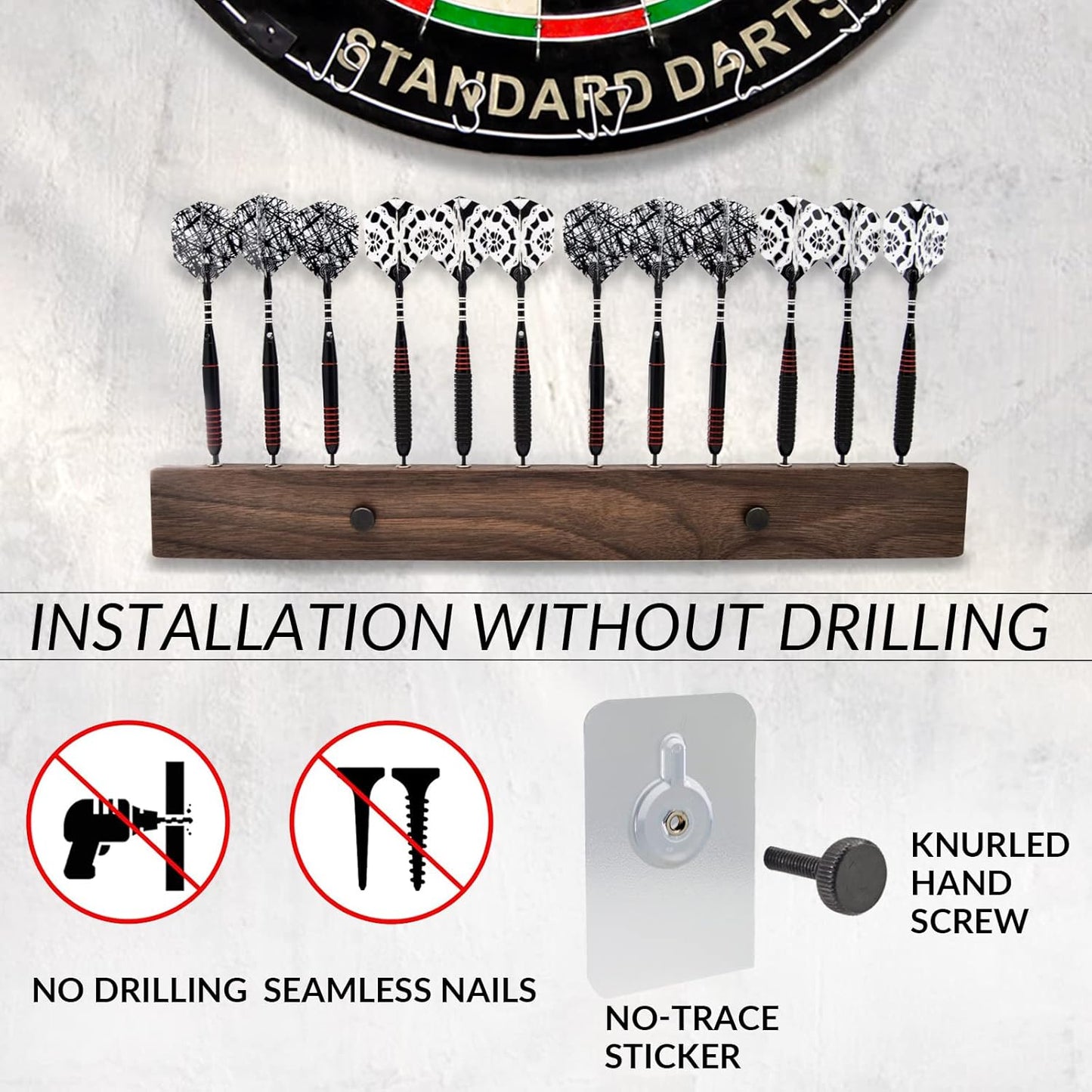 Walnut Wood Dart Holder Wall Mount Displays 4 Sets for a Total of 12 Steel/Soft Tip Darts,With Darts Throw Line Marker