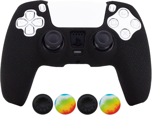 Silicone Skin Compatible with PS5 Controller Cover Sony Playstation5 Controller Grip Skin Protector Faceplates Kits Video Games(1X Black Cover with 4 X Thumb Grips Caps)