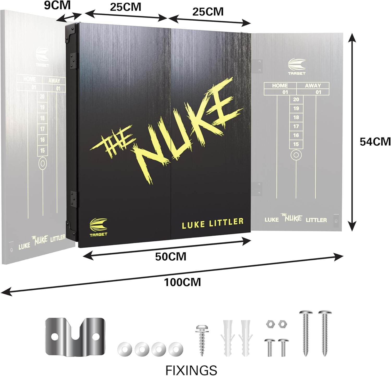 Player Dartboard and Cabinet Set | Luke Littler/Dimitri Van Den Bergh/Gabriel Clemens | Dart Board Cupboard with 2 Sets of Steel Tip Darts, Score Charts, Competition Standard Throw Line