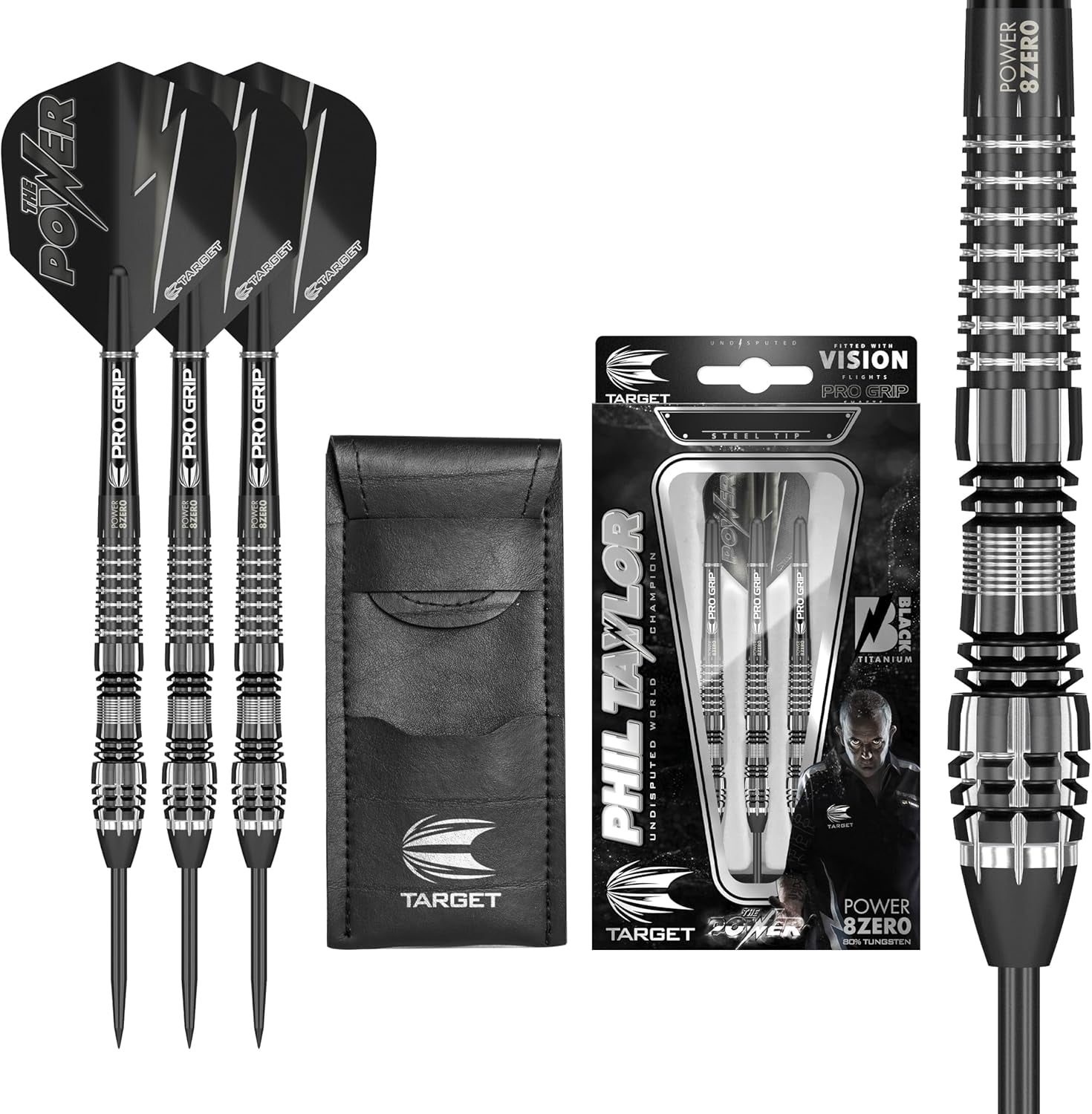 Phil Taylor Power 8-Zero 4 Black Steel Tip Darts, 80% Tungsten Dart Set, P8Z4, 21G/23G/25G | Player Edition Darts with Swiss Point Tips or Fixed Points | Black Darts Case Included