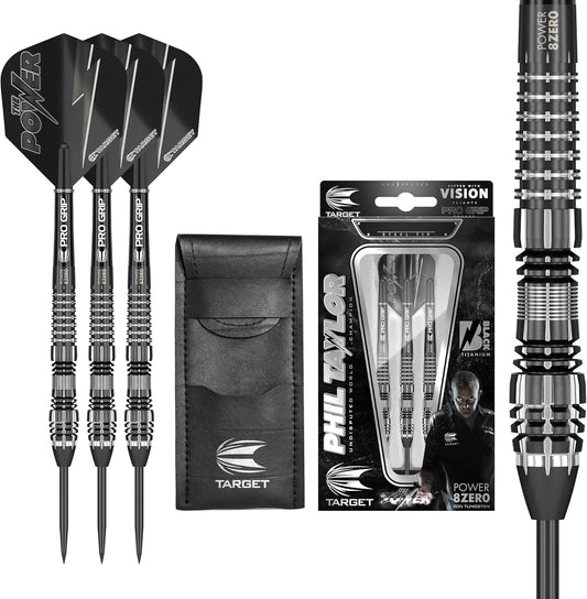 Phil Taylor Power 8-Zero 4 Black Steel Tip Darts, 80% Tungsten Dart Set, P8Z4, 21G | Player Edition Darts with Fixed Points | Black Darts Case Included