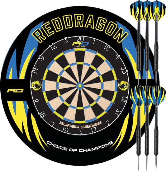 Super Series Professional Dartboard Set - Tournament Standard Quality Wth Durable Surround Including Oche Strip and 2X Steel Tip Darts