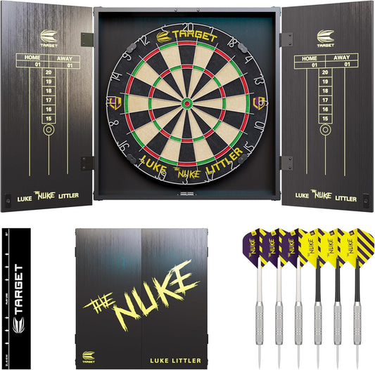 Player Dartboard and Cabinet Set | Luke Littler/Dimitri Van Den Bergh/Gabriel Clemens | Dart Board Cupboard with 2 Sets of Steel Tip Darts, Score Charts, Competition Standard Throw Line