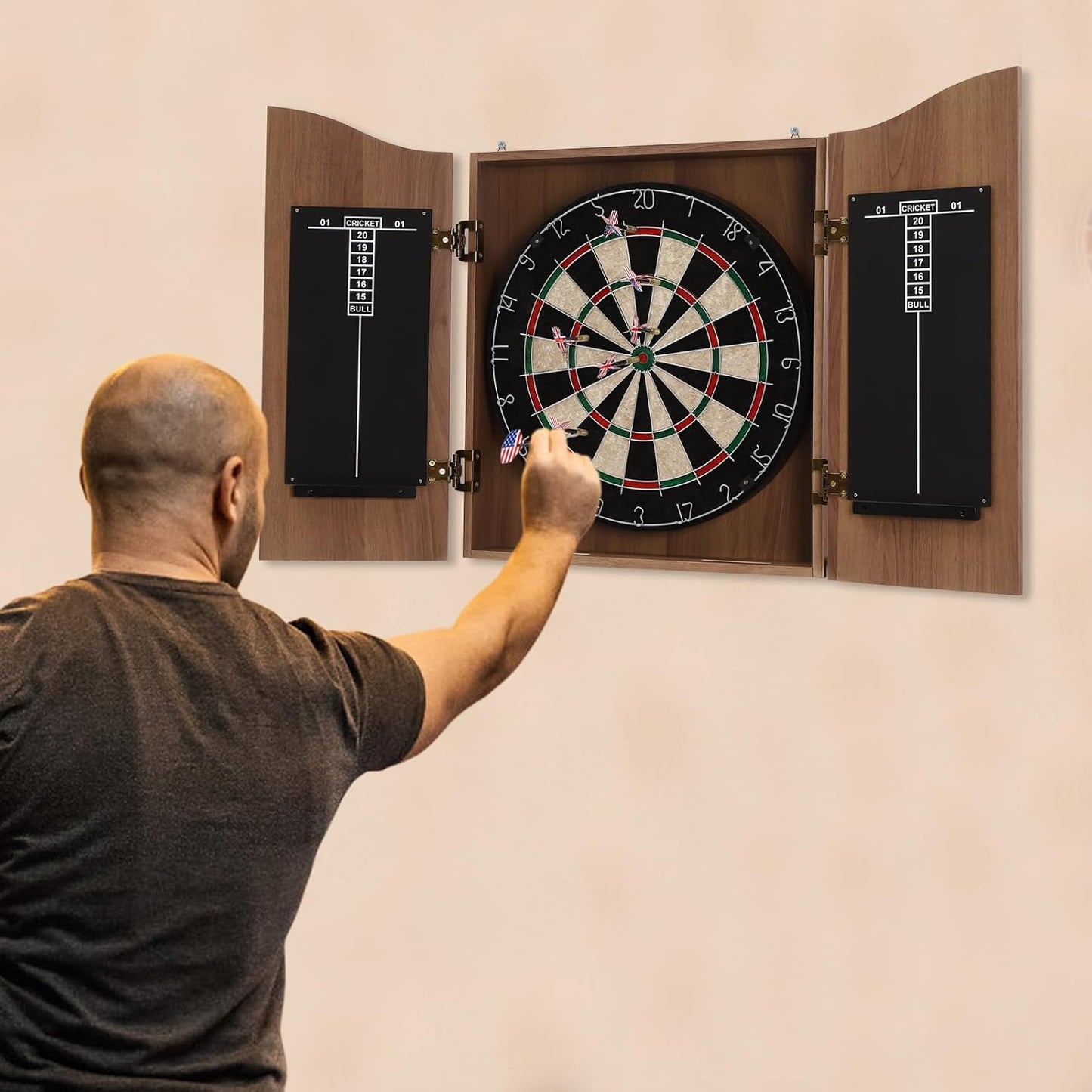 Classic Dartboard Cabinet, Hideaway Cabinet & 6 Steel-Tip Dartboard, Professional Dart Boards Set for Adults, Steel Tip Dart Board Set in Game Room/Bar/Office (Regular Brown)