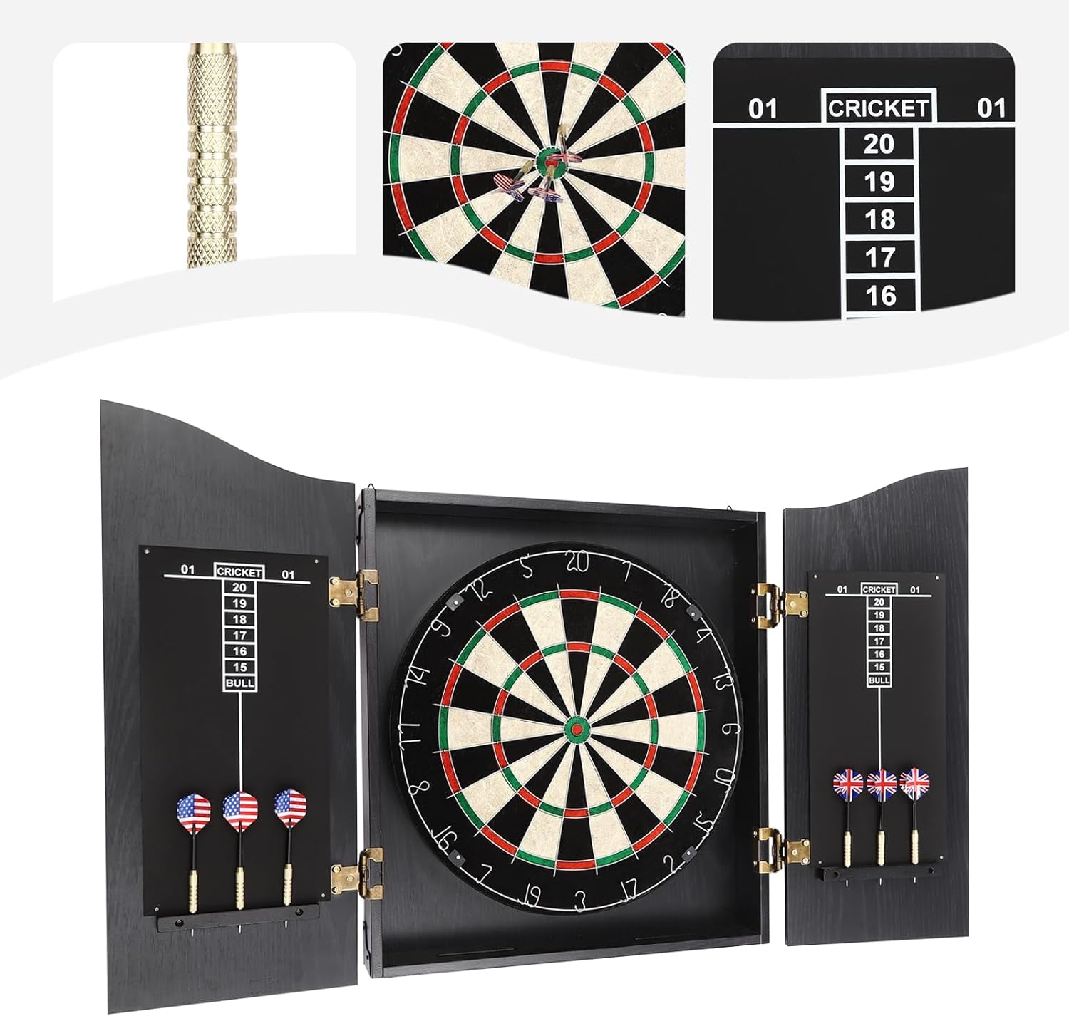 Classic Dartboard Cabinet, Hideaway Cabinet & 6 Steel-Tip Dartboard, Professional Dart Boards Set for Adults, Steel Tip Dart Board Set in Game Room/Bar/Office (Regular Black)