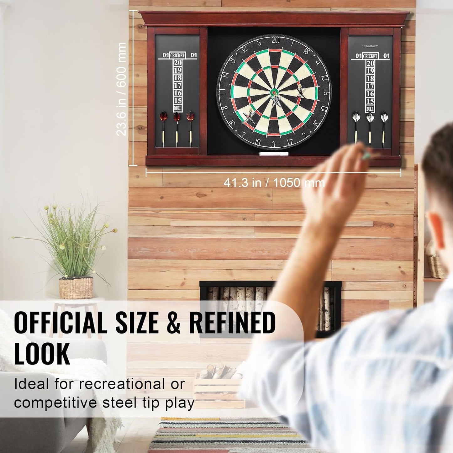Dartboard and Cabinet Set, Instant Play Official-Size Dartboard Cabinet, Steel Tip Dart Cabinet, Simple Assembly, Comes with All Accessories, Idea for Cricket Games