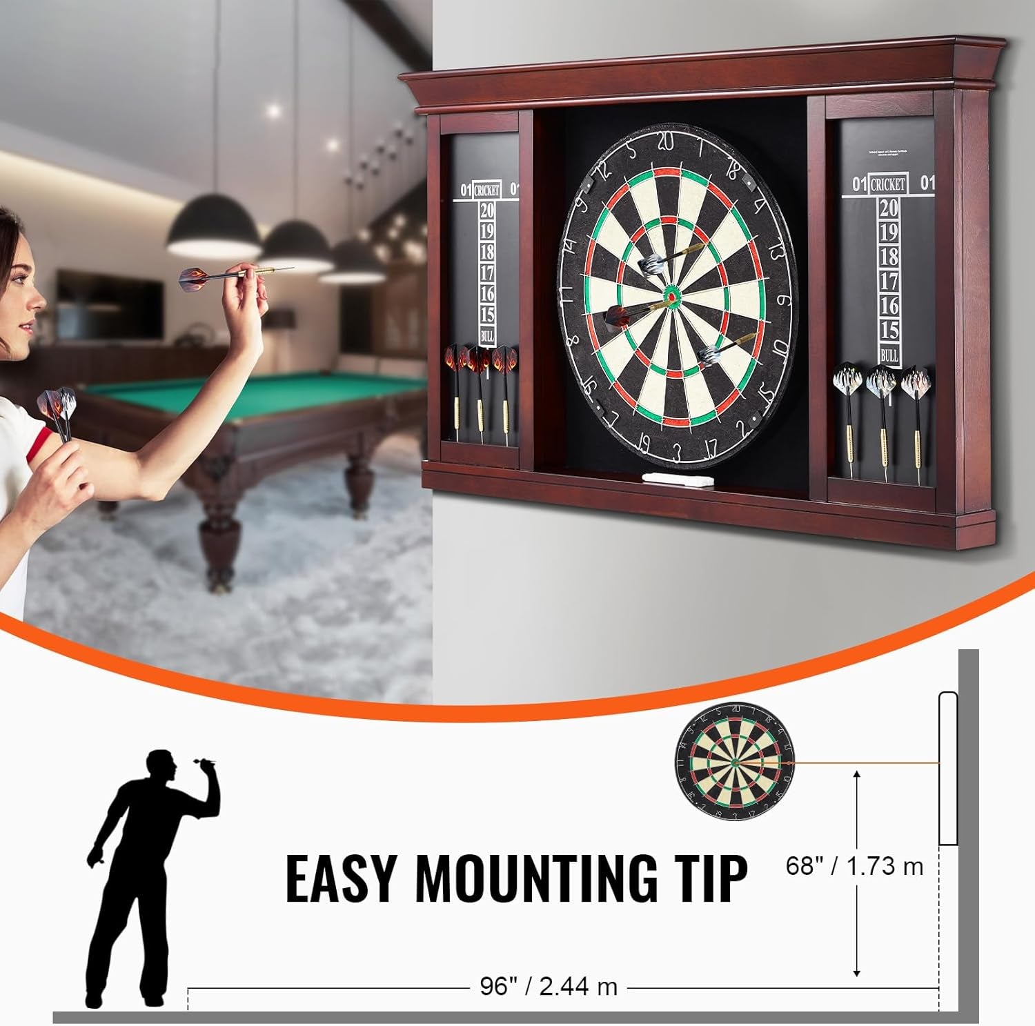 Dartboard and Cabinet Set, Instant Play Official-Size Dartboard Cabinet, Steel Tip Dart Cabinet, Simple Assembly, Comes with All Accessories, Idea for Cricket Games