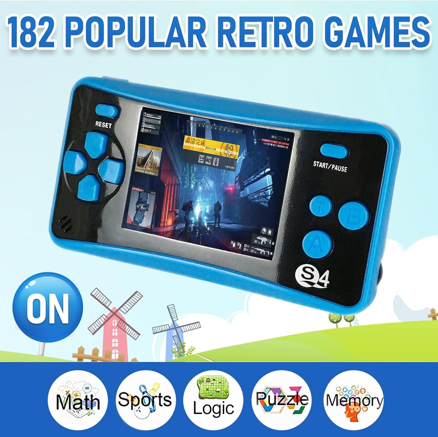 Retro Handheld Game Console, 182 in 1 Video Games Console 2.5" Screen Handheld Games, Travel Hand Held Game Systems for Kids Ages 4-8, Video Game Party Supplies Birthday Gifts for Kids Adults-Blue