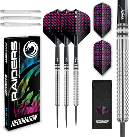 Raider Series: 23 Gram Steel Tip Tungsten Darts Set - Professional Darts with Shafts (Stems), Flights and Checkout Card - Choice of Colour Available