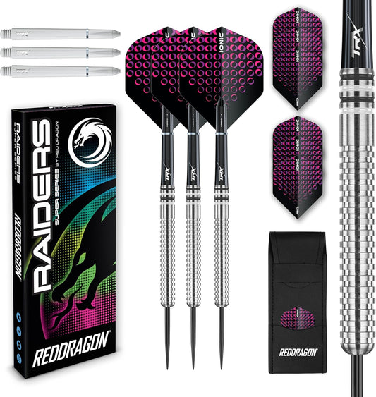 Raider Series: 23 Gram Steel Tip Tungsten Darts Set - Professional Darts with Shafts (Stems), Flights and Checkout Card - Choice of Colour Available