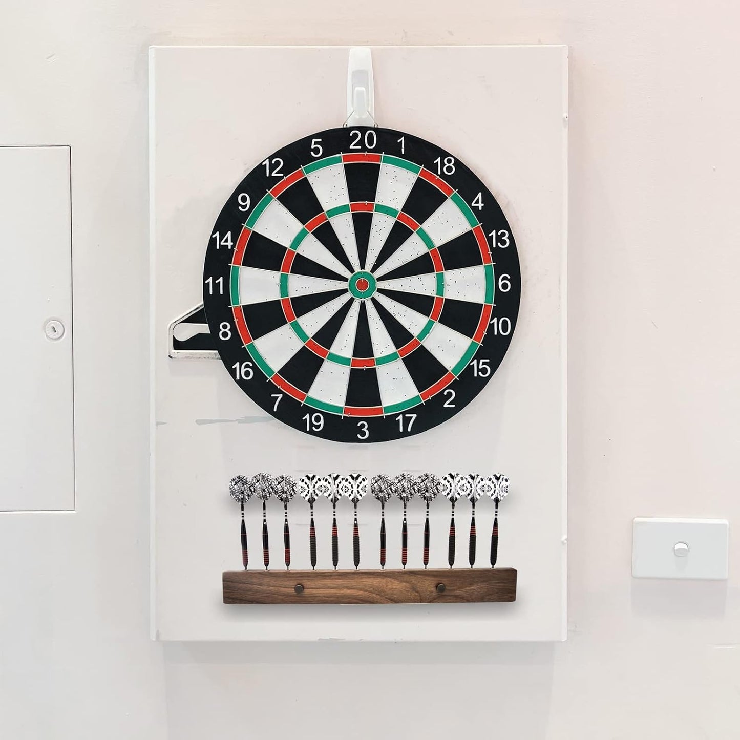 Walnut Wood Dart Holder Wall Mount Displays 4 Sets for a Total of 12 Steel/Soft Tip Darts,With Darts Throw Line Marker