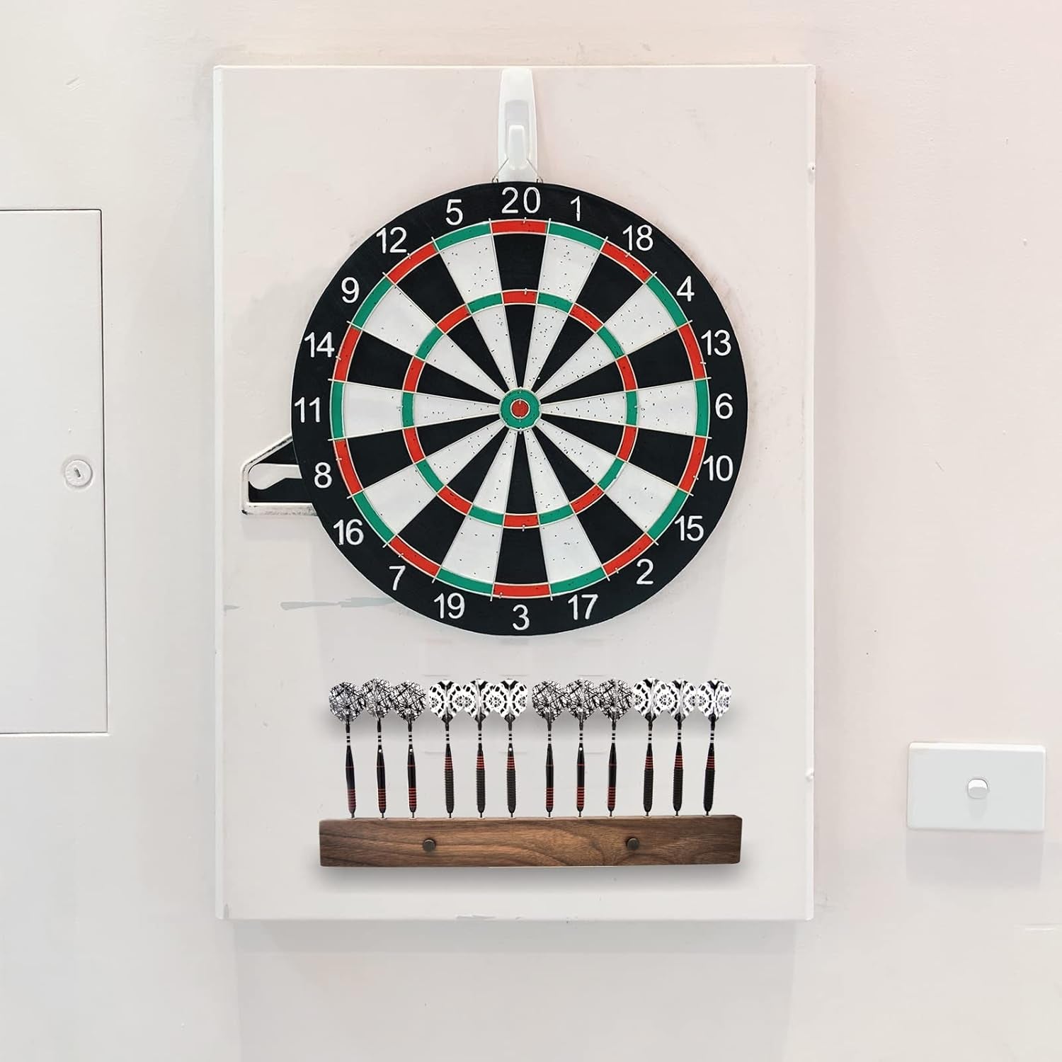 Walnut Wood Dart Holder Wall Mount Displays 4 Sets for a Total of 12 Steel/Soft Tip Darts,With Darts Throw Line Marker