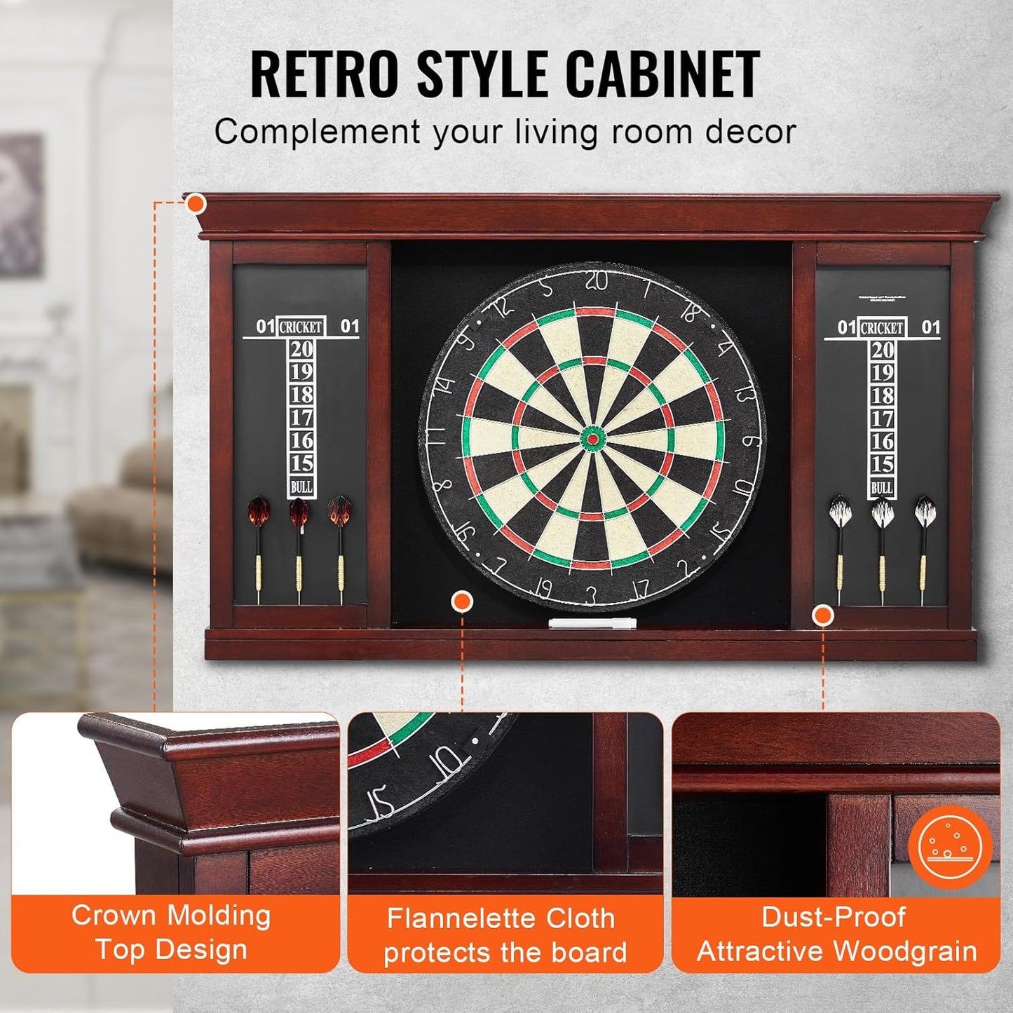 Dartboard and Cabinet Set, Instant Play Official-Size Dartboard Cabinet, Steel Tip Dart Cabinet, Simple Assembly, Comes with All Accessories, Idea for Cricket Games