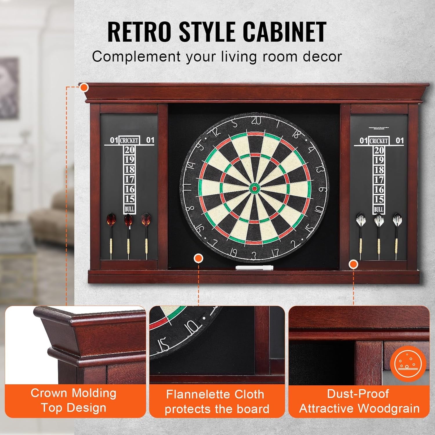 Dartboard and Cabinet Set, Instant Play Official-Size Dartboard Cabinet, Steel Tip Dart Cabinet, Simple Assembly, Comes with All Accessories, Idea for Cricket Games