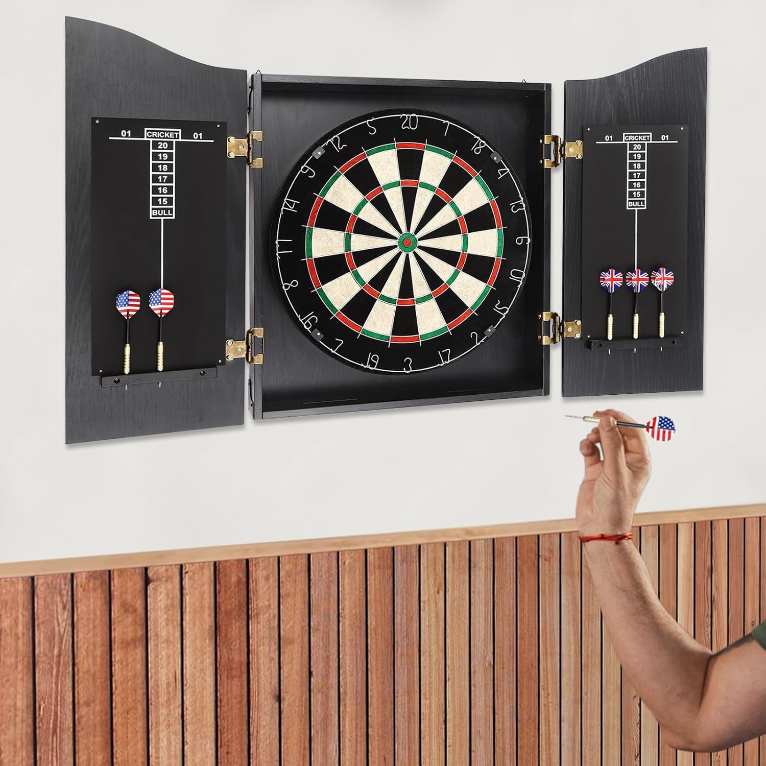 Classic Dartboard Cabinet, Hideaway Cabinet & 6 Steel-Tip Dartboard, Professional Dart Boards Set for Adults, Steel Tip Dart Board Set in Game Room/Bar/Office (Regular Black)
