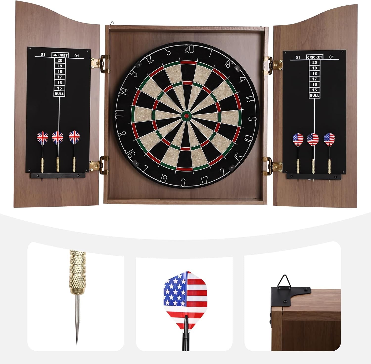 Classic Dartboard Cabinet, Hideaway Cabinet & 6 Steel-Tip Dartboard, Professional Dart Boards Set for Adults, Steel Tip Dart Board Set in Game Room/Bar/Office (Regular Brown)