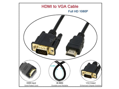 HDMI to VGA Adapter Cable 6FT,  Gold-Plated HDMI to VGA Cable Male to Male 1080P Compatible for Computer, Desktop, Laptop, PC, Monitor, Projector, HDTV and More