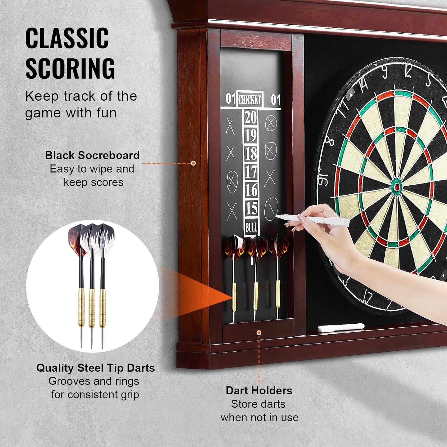 Dartboard and Cabinet Set, Instant Play Official-Size Dartboard Cabinet, Steel Tip Dart Cabinet, Simple Assembly, Comes with All Accessories, Idea for Cricket Games